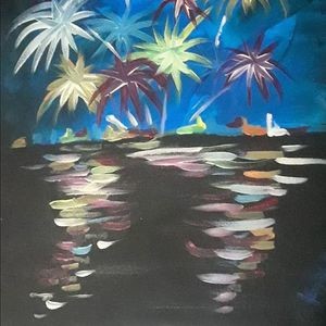 Acrylic Painting Class Fireworks Over The Water Parkbench